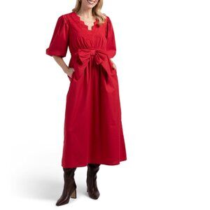 LEA Salsa Red Puff Sleeve Embroidered Bow Dress
